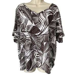 Chico's Brown White Abstract Leaf Print Linen Short Sleeve Top | Womens XXL